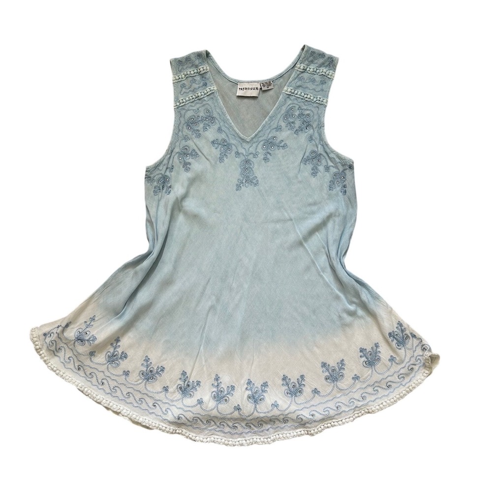 Boho Blue Ombre Embroidered Pom Pom Tunic mini dress M hippie coastal beach